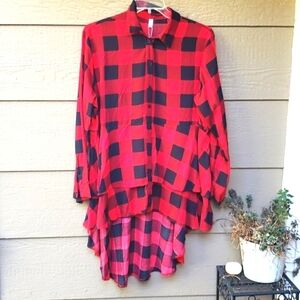 Rose Gal Buffalo Plaid Button Down Hi LO Tunic neW NWT